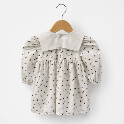 Minimal Print Baby Dress with Puff Sleeves