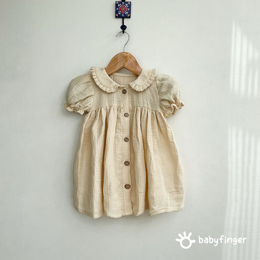 Classic Beige Cotton Baby Dress with Peter Pan Collar