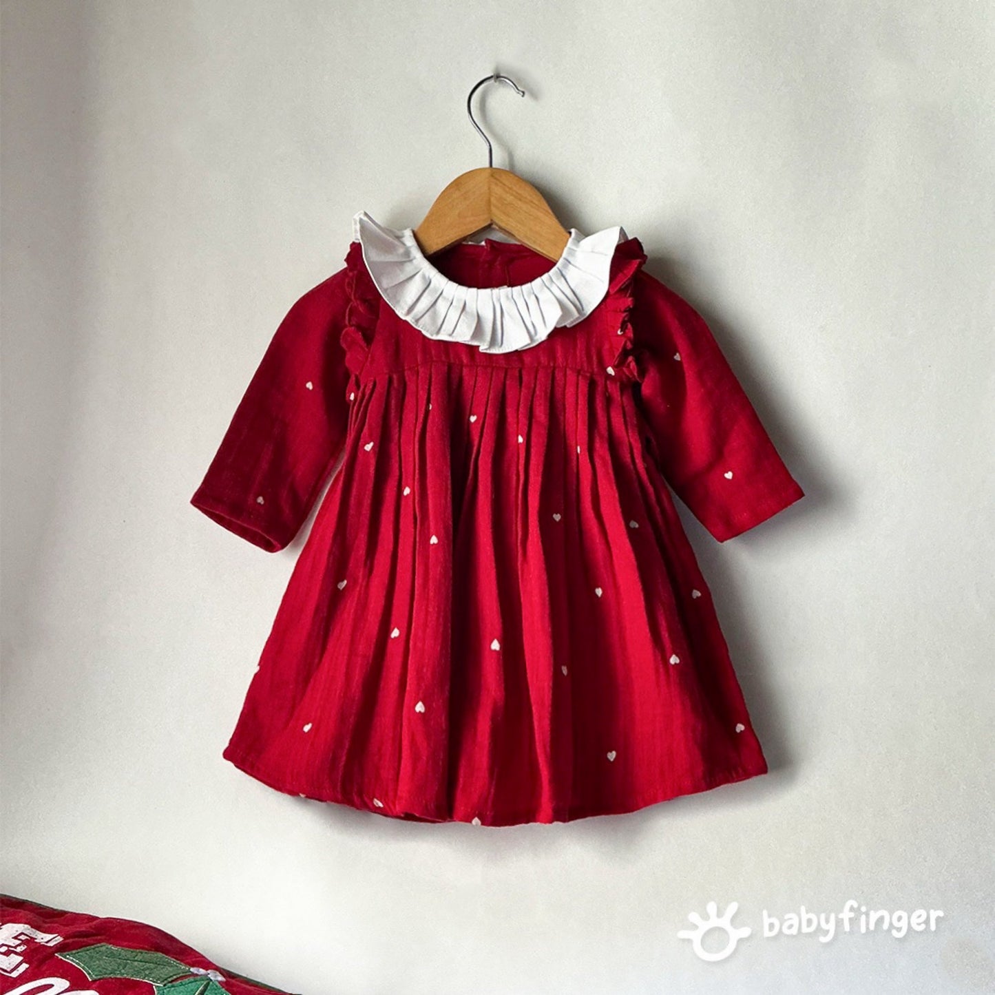 Baby Girls Red Pleated Party Dress with White Ruffle Collar