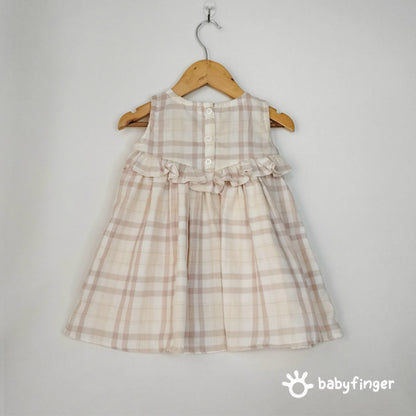 Beige & Cream Checkered Baby Dress with Ruffle Detail