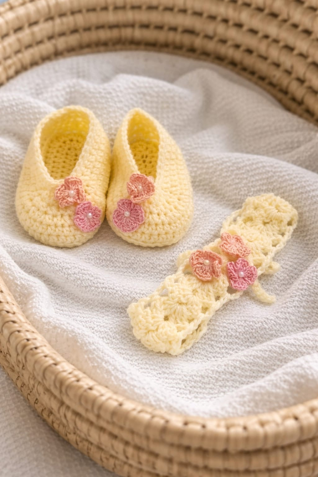 Handmade Crochet Baby Booties with Peach & Pink Floral Headband Set