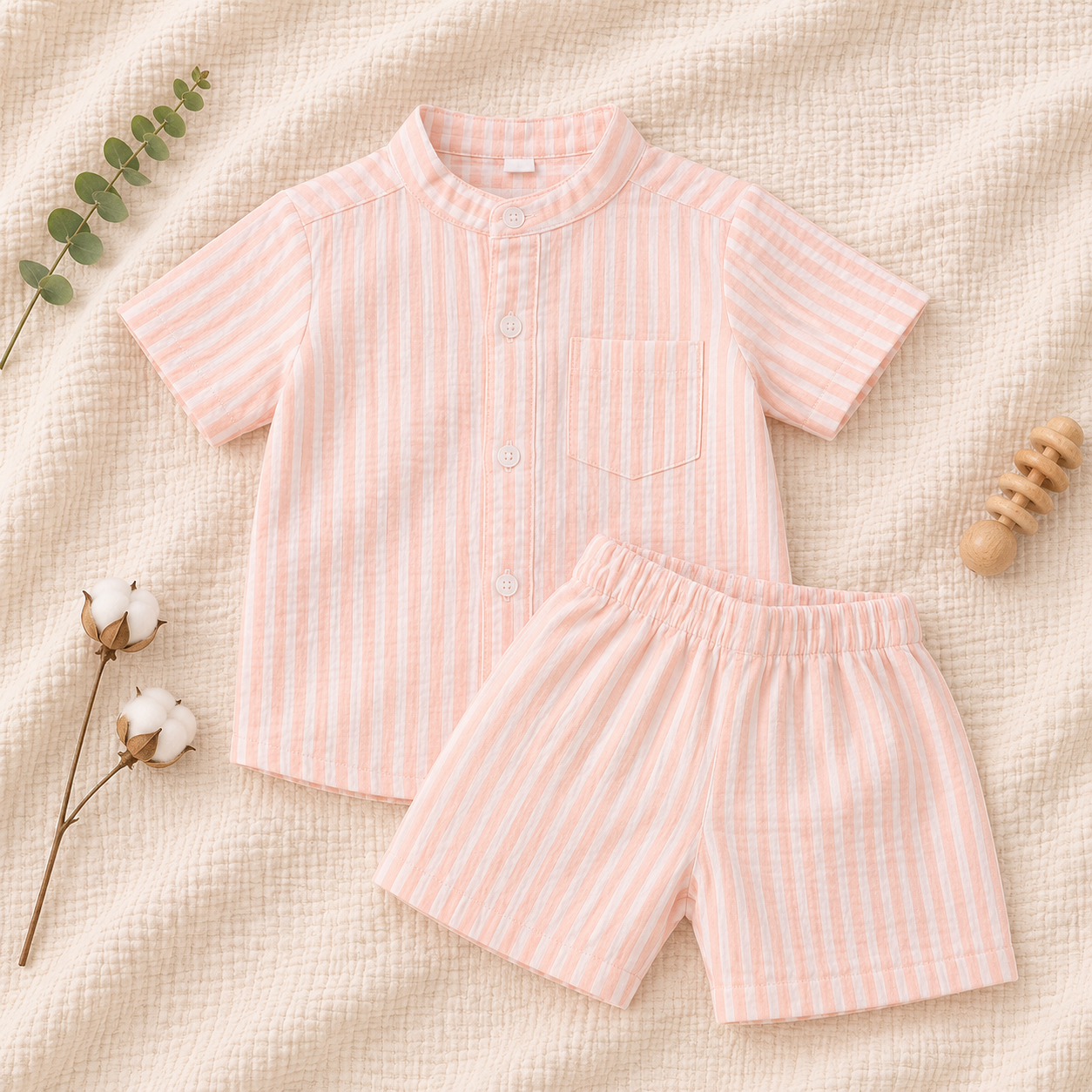 Baby Boy Peach Striped Shirt & Shorts Set