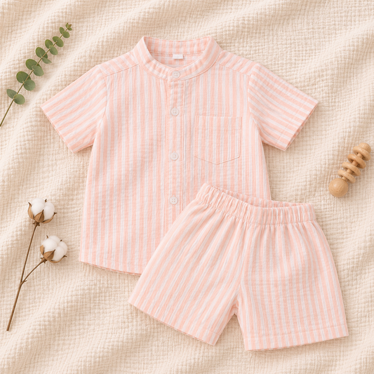 Baby Boy Peach Striped Shirt & Shorts Set