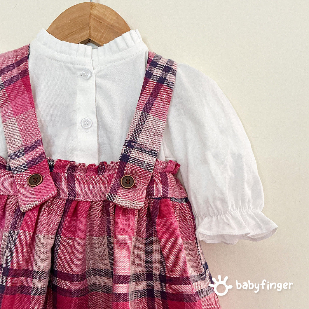 Pink Checkered Suspender Dress with White Puff-Sleeve Top – 2-Piece Set