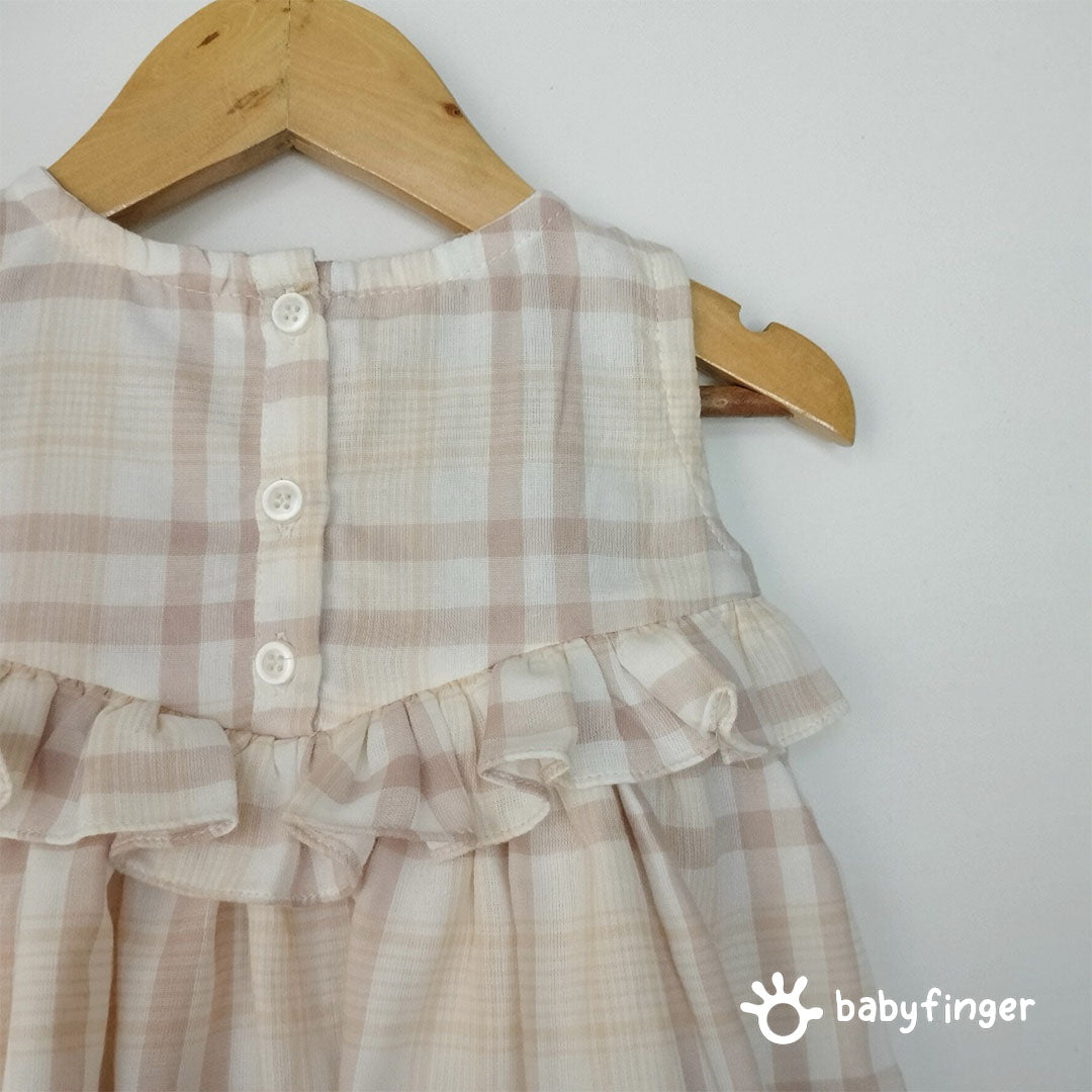 Beige & Cream Checkered Baby Dress with Ruffle Detail