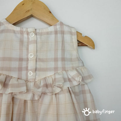 Beige & Cream Checkered Baby Dress with Ruffle Detail
