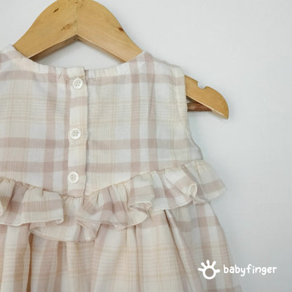Beige & Cream Checkered Baby Dress with Ruffle Detail