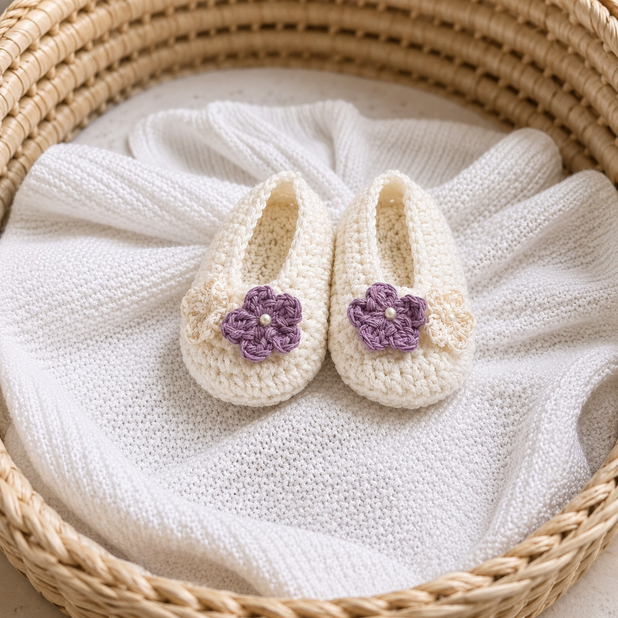 Handmade Crochet Baby Booties With Lavender Floral