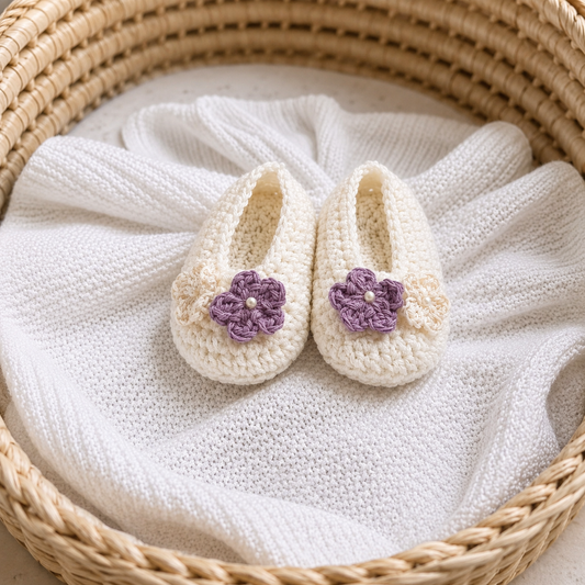 Handmade Crochet Baby Booties With Lavender Floral