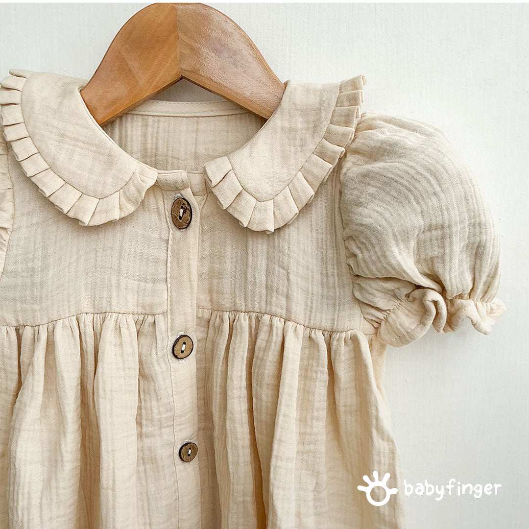 Classic Beige Cotton Baby Dress with Peter Pan Collar