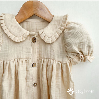 Classic Beige Cotton Baby Dress with Peter Pan Collar