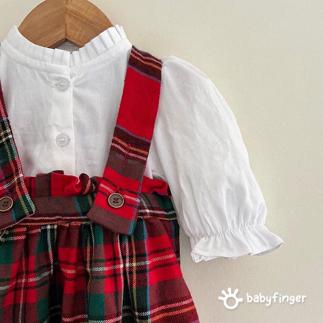 Red Tartan Suspender Dress with White Puff-Sleeve Top – 2-Piece Festive Set