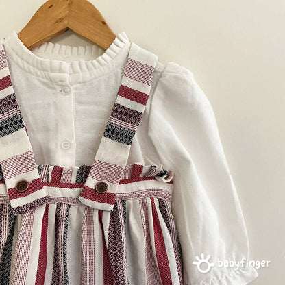 Baby Girls’ Striped Suspender Dress with White Full-Sleeve Top – 2-Piece Set