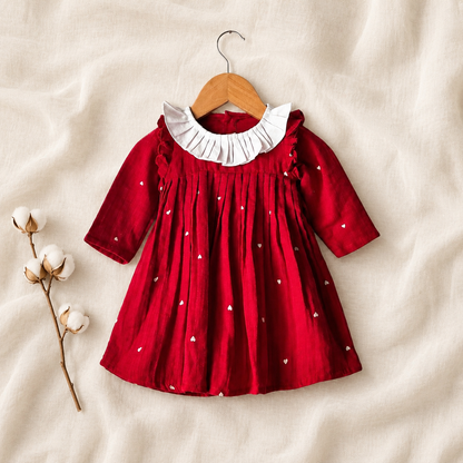 Baby Girls Red Pleated Party Dress with White Ruffle Collar