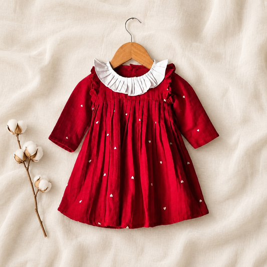 Baby Girls Red Pleated Party Dress with White Ruffle Collar