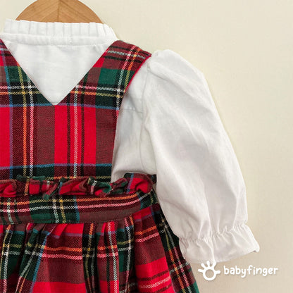 Red Tartan Suspender Dress with White Puff-Sleeve Top – 2-Piece Festive Set
