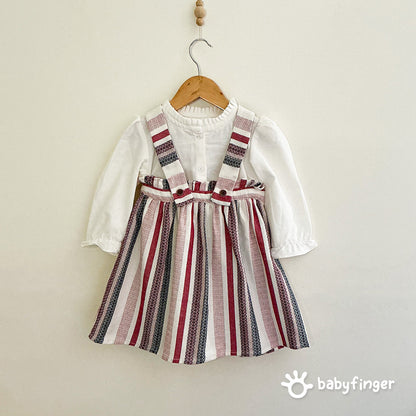 Baby Girls’ Striped Suspender Dress with White Full-Sleeve Top – 2-Piece Set