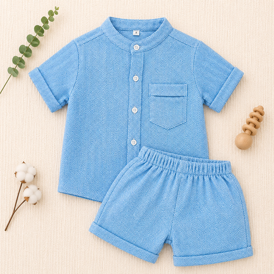Sky Blue Herringbone Shirt & Shorts Set