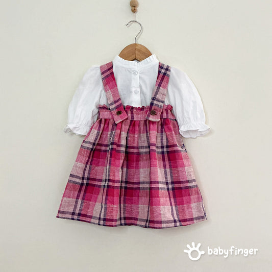 Pink Checkered Suspender Dress with White Puff-Sleeve Top – 2-Piece Set