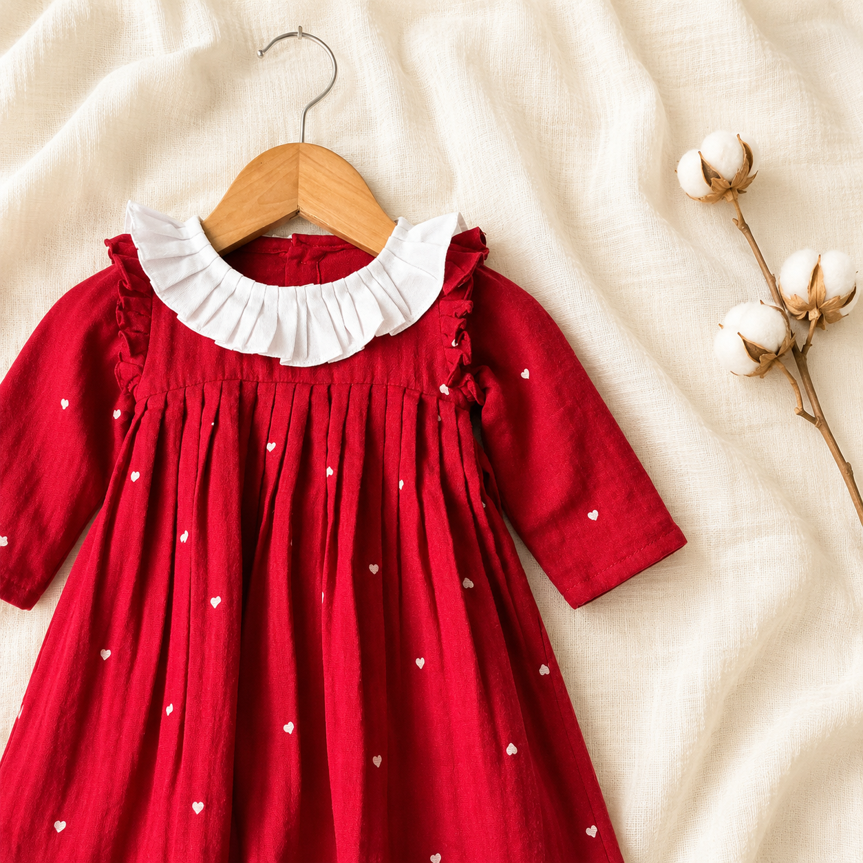 Baby Girls Red Pleated Party Dress with White Ruffle Collar