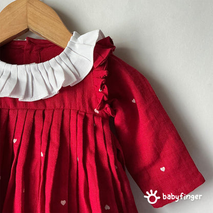 Baby Girls Red Pleated Party Dress with White Ruffle Collar