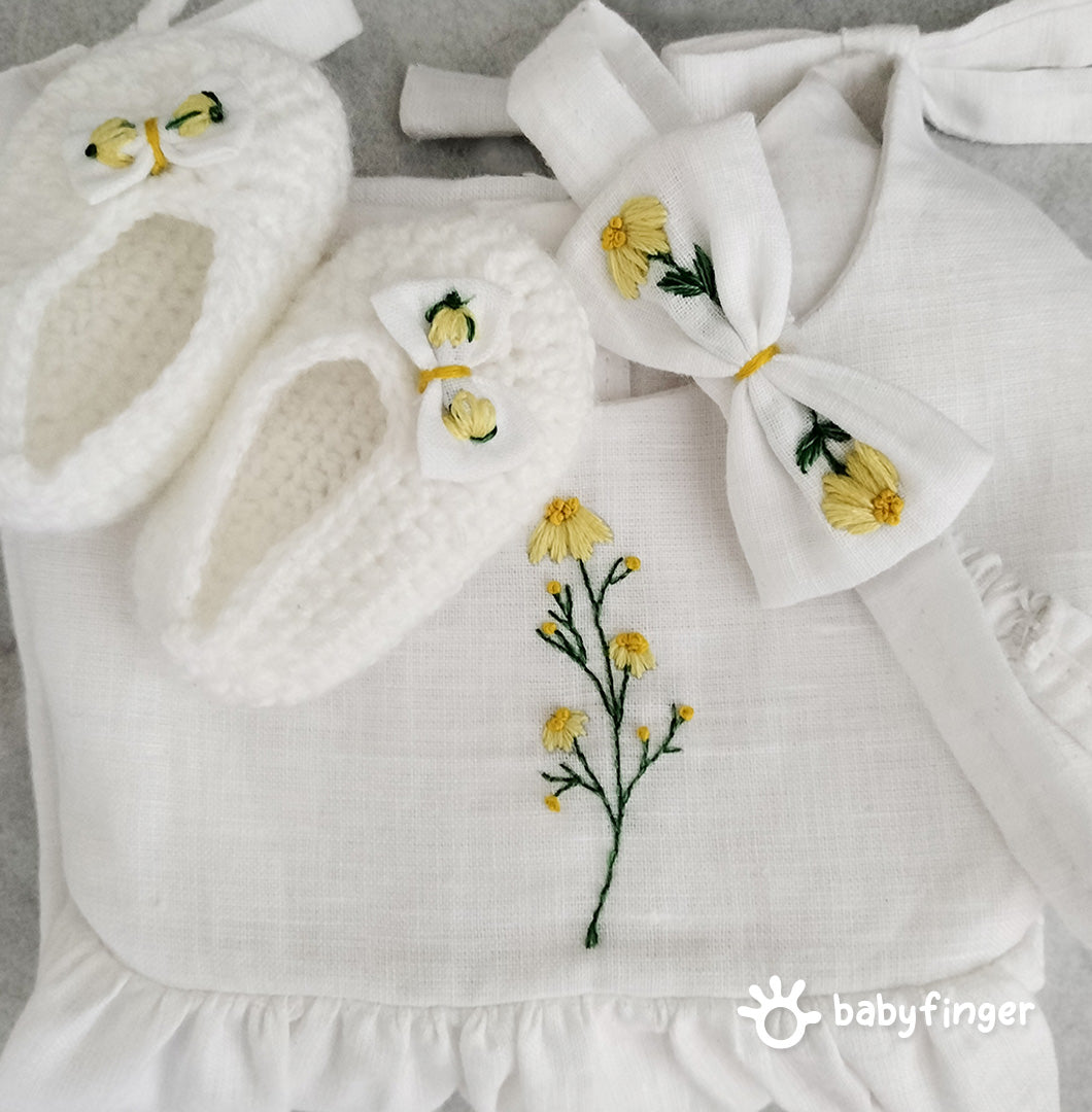 White Floral Baby Frock Set with Booties & Headband