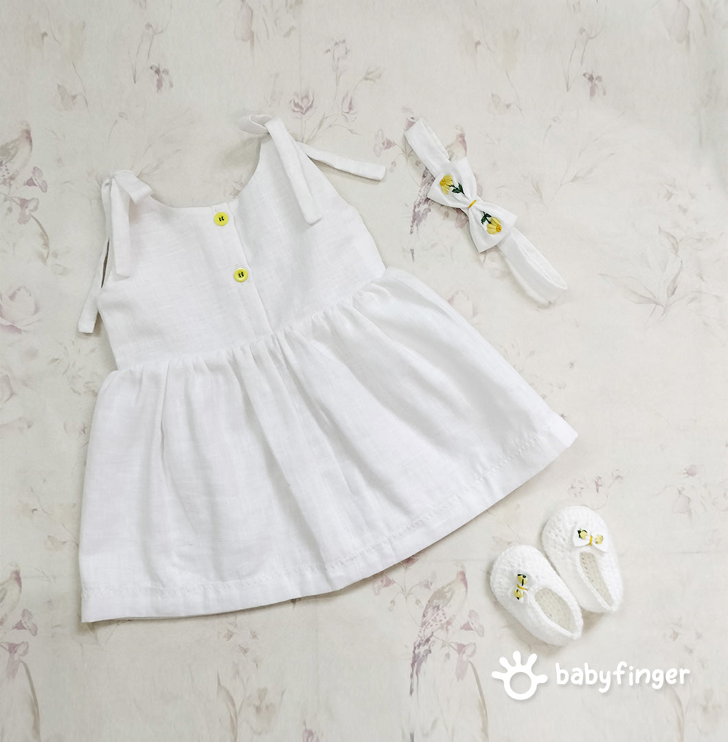 White Floral Baby Frock Set with Booties & Headband