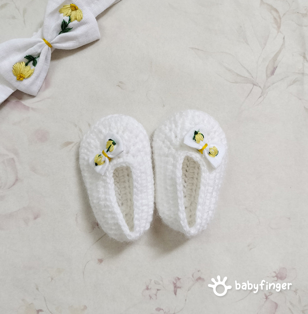 White Floral Baby Frock Set with Booties & Headband