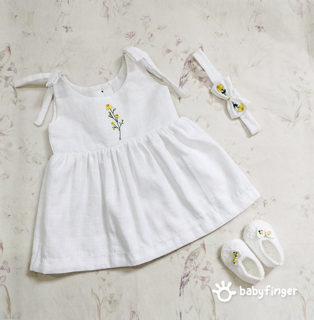 White Floral Baby Frock Set with Booties & Headband