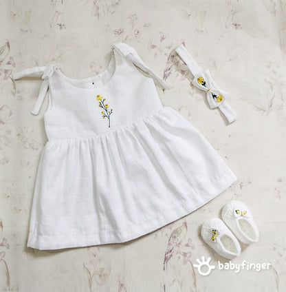 White Floral Baby Frock Set with Booties & Headband