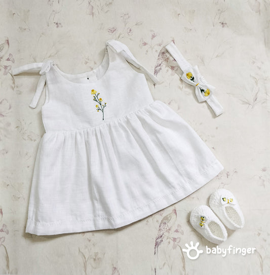 White Floral Baby Frock Set with Booties & Headband