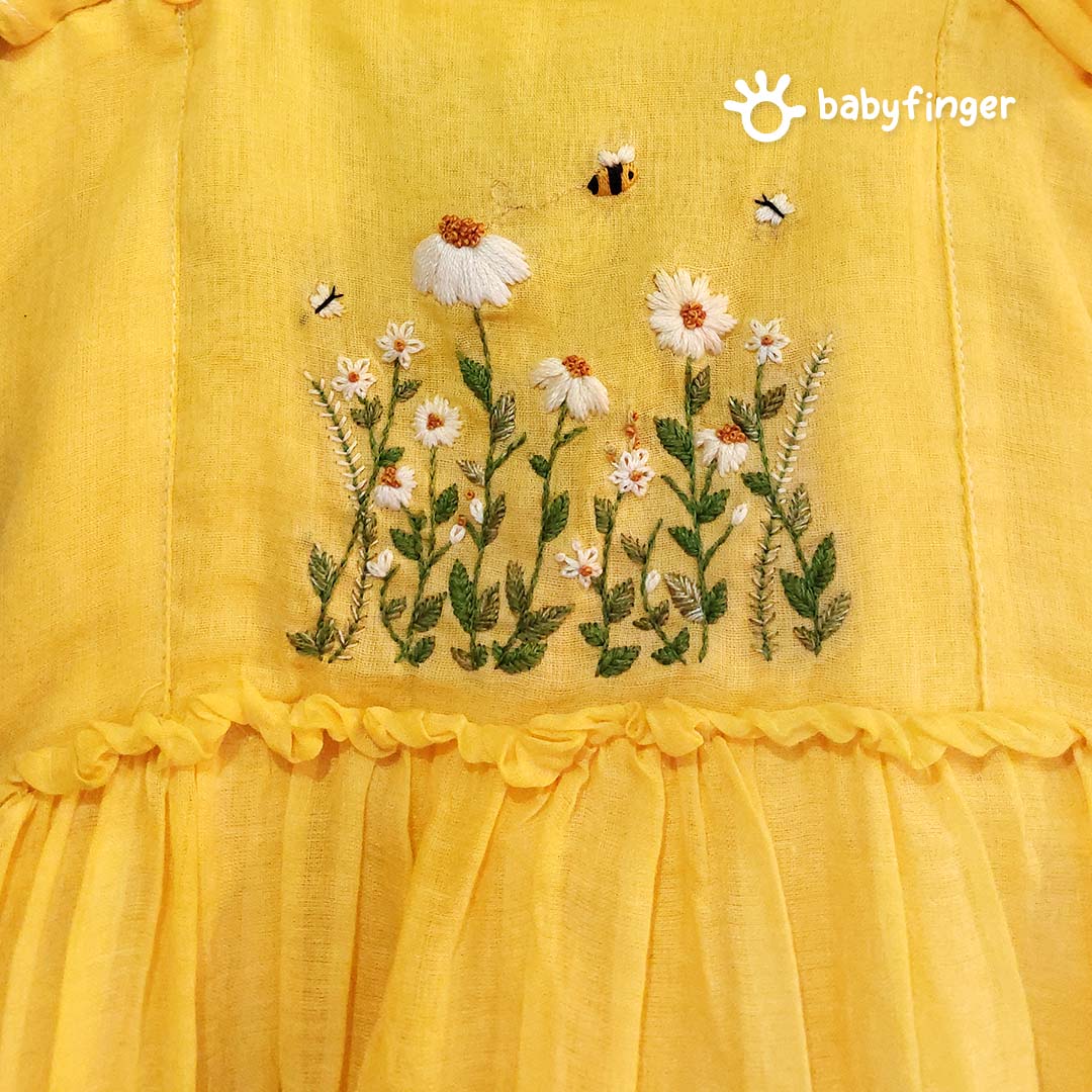 Sunshine Yellow Baby Dress with Floral Embroidery and Back Bow