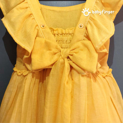Sunshine Yellow Baby Dress with Floral Embroidery and Back Bow