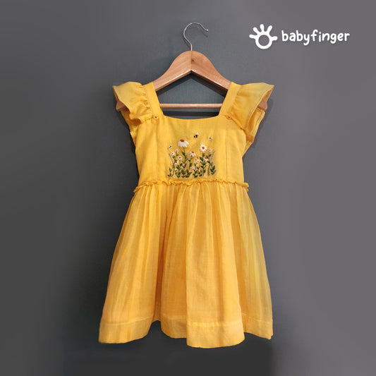 Sunshine Yellow Baby Dress with Floral Embroidery and Back Bow