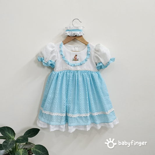 Vintage-Inspired Baby Girl Frock in Sky Blue & White with Bunny Embroidery