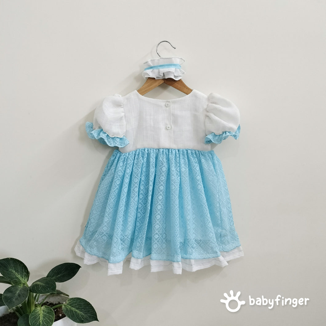 Vintage-Inspired Baby Girl Frock in Sky Blue & White with Bunny Embroidery