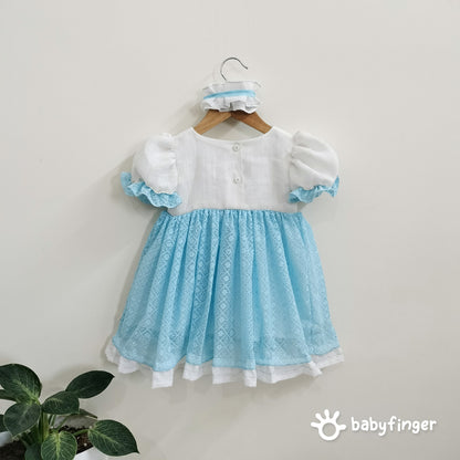 Vintage-Inspired Baby Girl Frock in Sky Blue & White with Bunny Embroidery