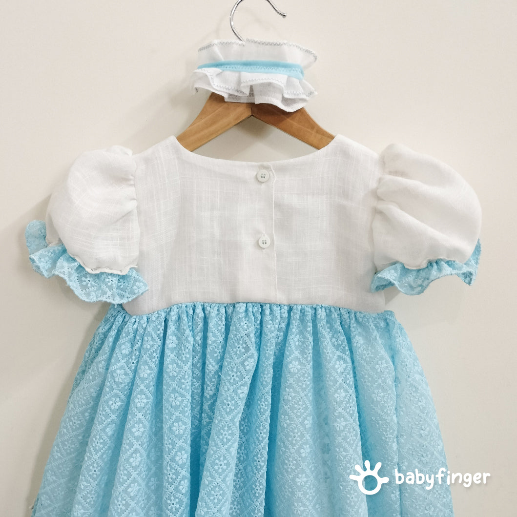 Vintage-Inspired Baby Girl Frock in Sky Blue & White with Bunny Embroidery