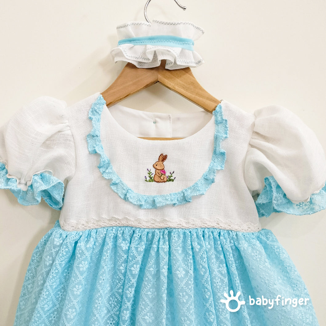 Vintage-Inspired Baby Girl Frock in Sky Blue & White with Bunny Embroidery
