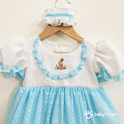 Vintage-Inspired Baby Girl Frock in Sky Blue & White with Bunny Embroidery