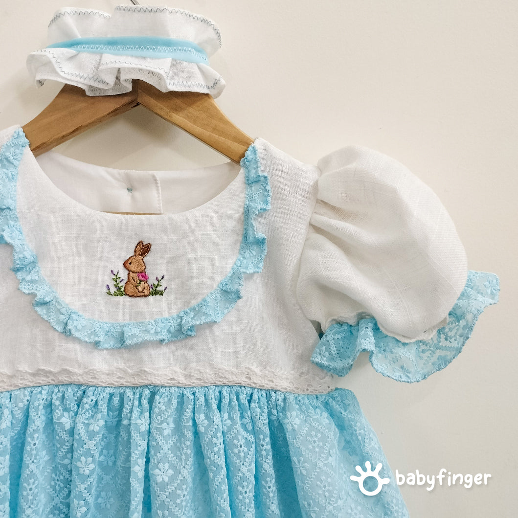 Vintage-Inspired Baby Girl Frock in Sky Blue & White with Bunny Embroidery