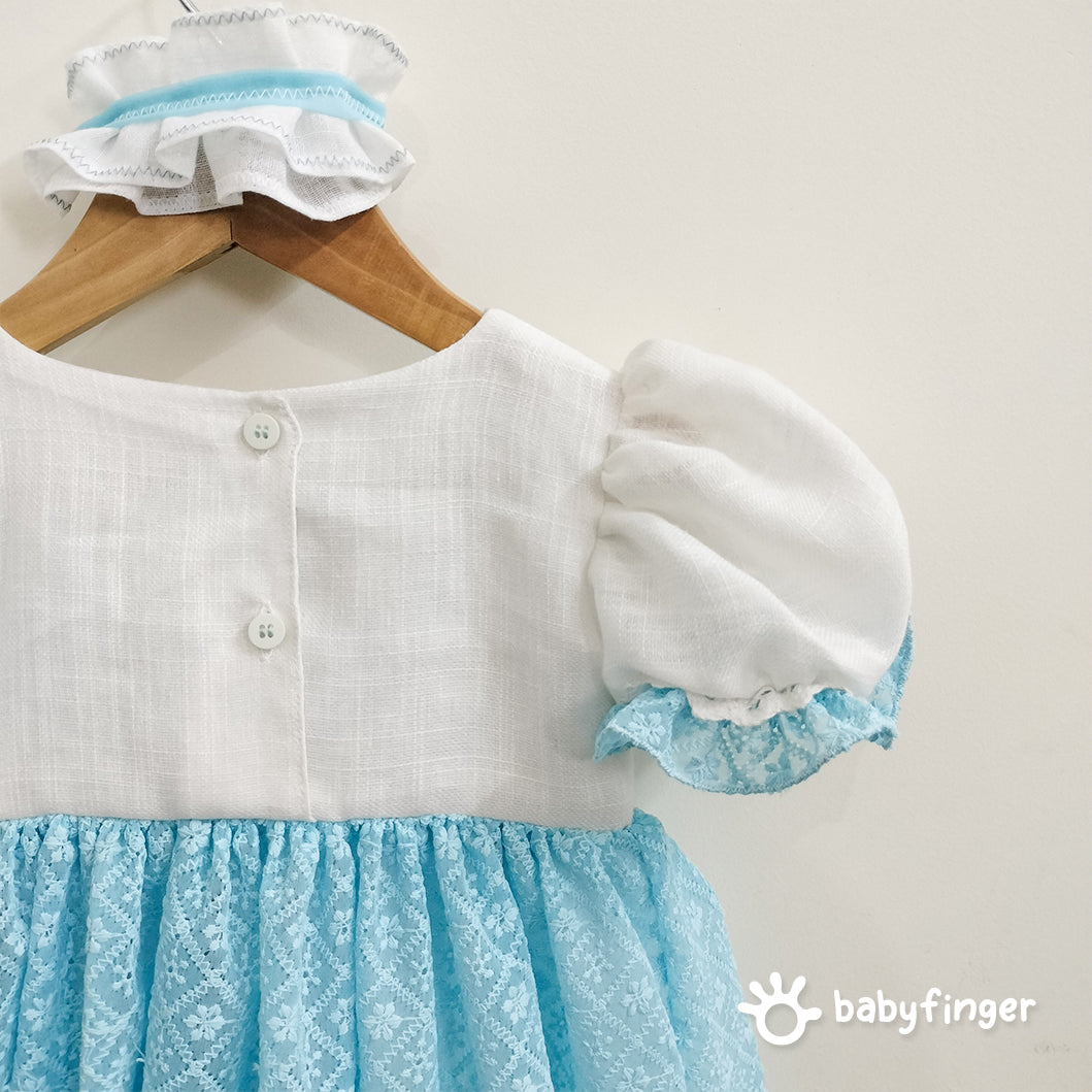 Vintage-Inspired Baby Girl Frock in Sky Blue & White with Bunny Embroidery
