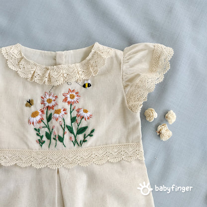 Hand-Embroidered Cream Floral Frock with Lace Sleeves.
