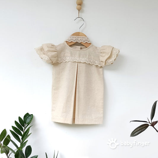 Vintage Linen Baby Dress with Lace Trim