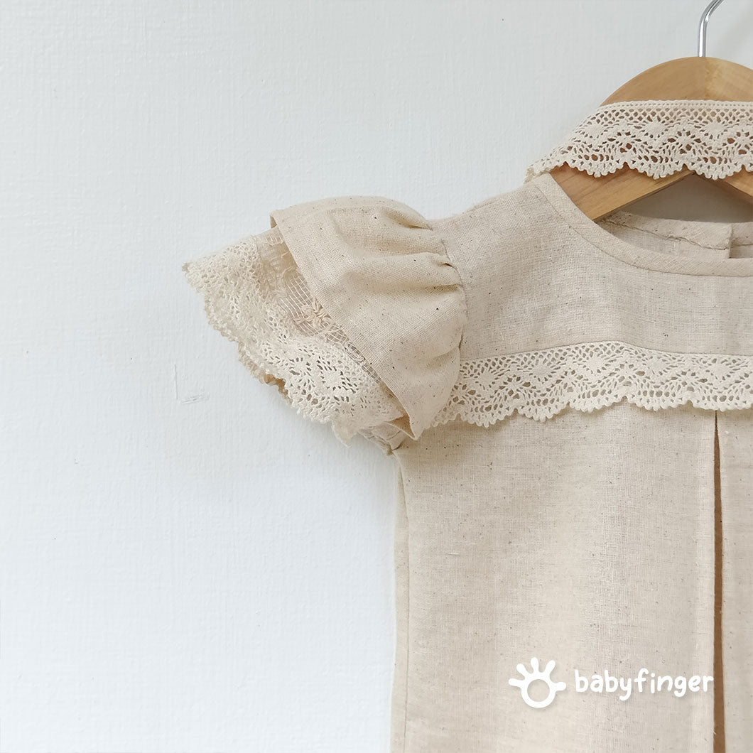 Vintage Linen Baby Dress with Lace Trim