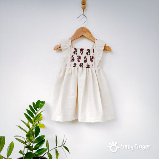 Floral Embroidered Ruffle Shoulder Baby Dress – Cream