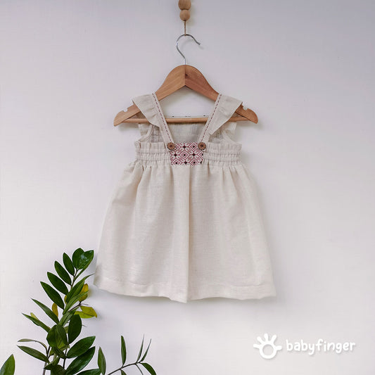 Floral Embroidered Ruffle Shoulder Baby Dress – Cream