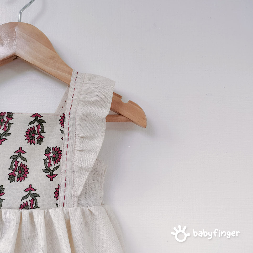 Floral Embroidered Ruffle Shoulder Baby Dress – Cream