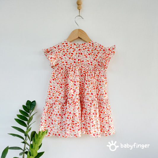 Girls' Floral Print Tiered Rayon Dress with Frilled Sleeves.