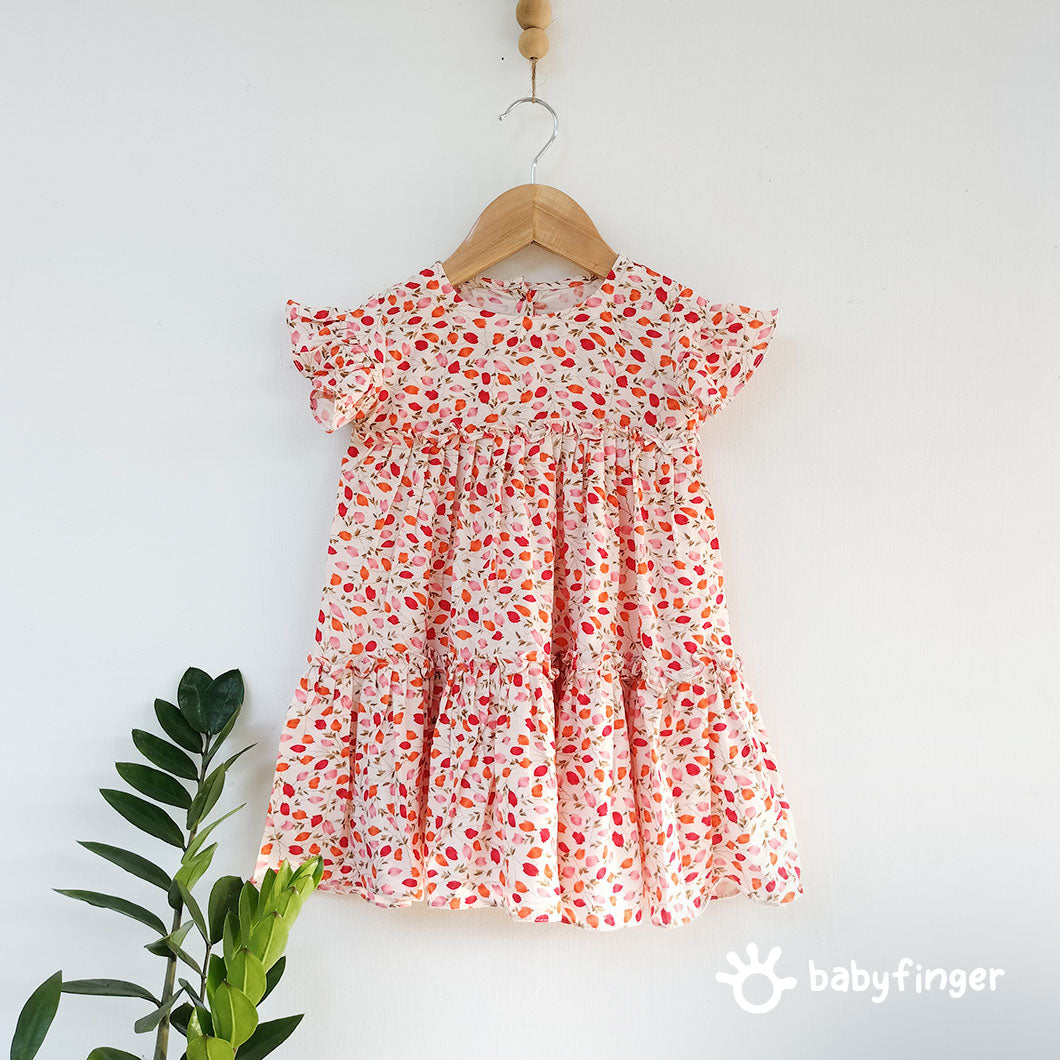 Girls' Floral Print Tiered Rayon Dress with Frilled Sleeves.